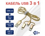 Универсальный кабель - переходник 3в1 USB 2.0 Am to Lightning + microUSB + USB type C 3.1 1м, нейлоновая оплетка, цвет золото, модель: Eusb3in1m-m-g