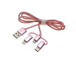 Универсальный кабель - переходник 3в1 USB 2.0 Am to Lightning + microUSB + USB type C 3.1, 1метр, нейлоновая оплетка, цвет розовый. Eusb3in1m-m-p /для передачи данных и зарядки /